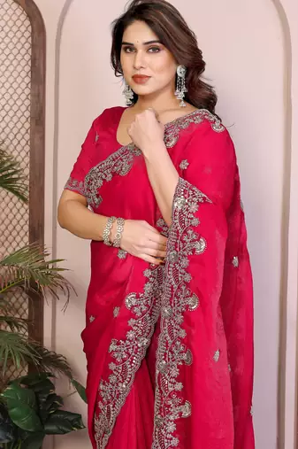 Pink color fandy chiffon  silk embroidery work saree with work blouse piece