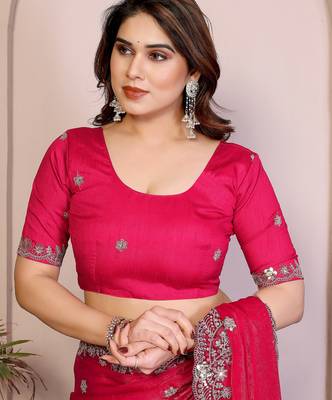 Pink color fandy chiffon  silk embroidery work saree with work blouse piece 5