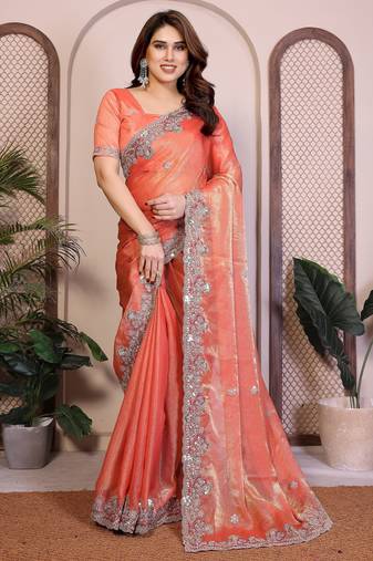 Peach color fandy chiffon  silk embroidery work saree with work blouse piece