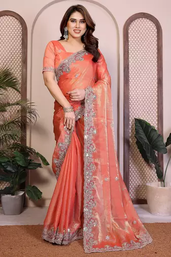 Peach color fandy chiffon  silk embroidery work saree with work blouse piece