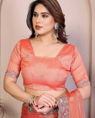 Peach color fandy chiffon  silk embroidery work saree with work blouse piece 4