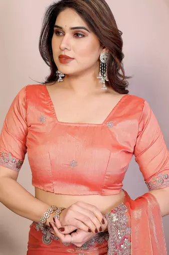 Peach color fandy chiffon  silk embroidery work saree with work blouse piece