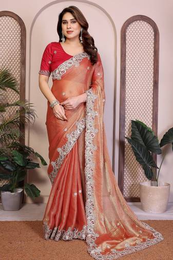 Peach color fandy chiffon  silk embroidery work saree with work blouse piece