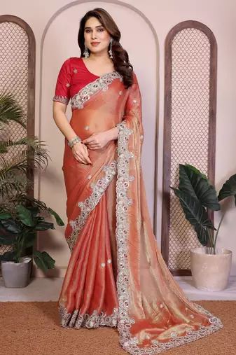 Peach color fandy chiffon  silk embroidery work saree with work blouse piece
