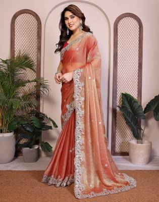 Peach color fandy chiffon  silk embroidery work saree with work blouse piece 2