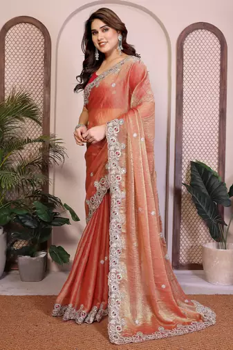 Peach color fandy chiffon  silk embroidery work saree with work blouse piece