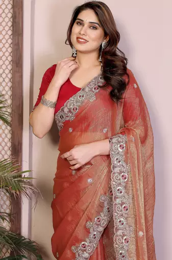 Peach color fandy chiffon  silk embroidery work saree with work blouse piece