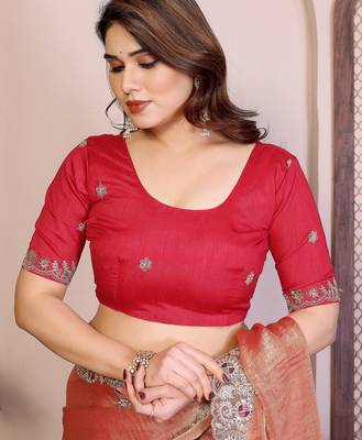 Peach color fandy chiffon  silk embroidery work saree with work blouse piece 4