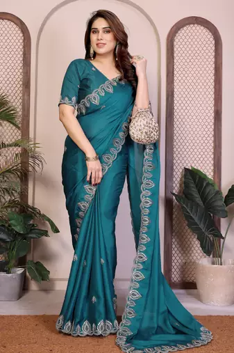 Teal color satin chiffon silk embroidery work saree with work blouse piece