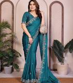 Teal color satin chiffon silk embroidery work saree with work blouse piece