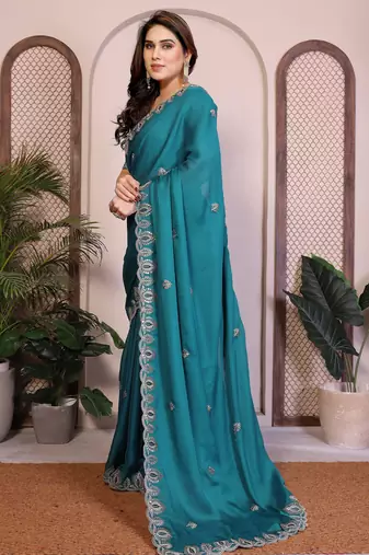 Teal color satin chiffon silk embroidery work saree with work blouse piece
