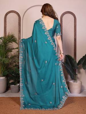 Teal color satin chiffon silk embroidery work saree with work blouse piece 3