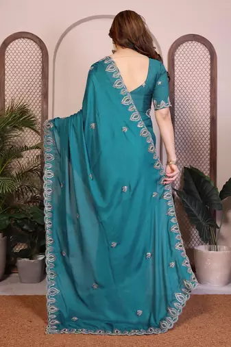 Teal color satin chiffon silk embroidery work saree with work blouse piece
