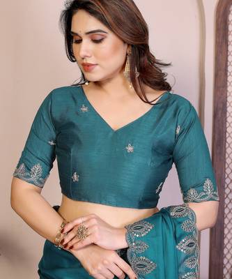 Teal color satin chiffon silk embroidery work saree with work blouse piece 5