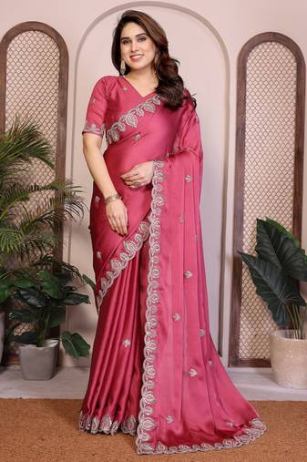 Pink color satin chiffon silk embroidery work saree with work blouse piece