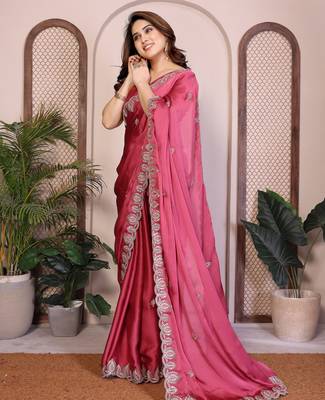 Pink color satin chiffon silk embroidery work saree with work blouse piece 2