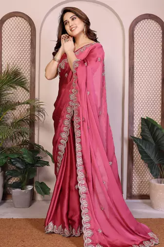 Pink color satin chiffon silk embroidery work saree with work blouse piece