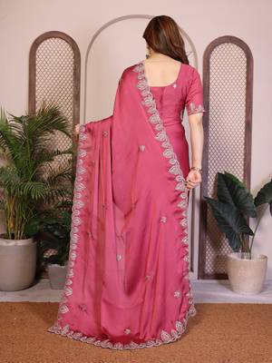 Pink color satin chiffon silk embroidery work saree with work blouse piece 3