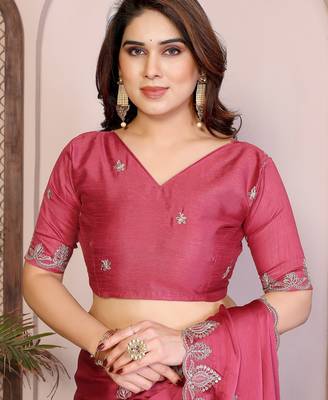 Pink color satin chiffon silk embroidery work saree with work blouse piece 5