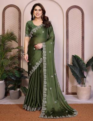 Green color satin chiffon silk embroidery work saree with work blouse piece 1