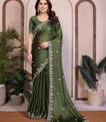 Green color satin chiffon silk embroidery work saree with work blouse piece