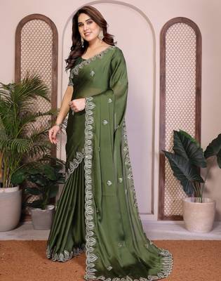 Green color satin chiffon silk embroidery work saree with work blouse piece 2