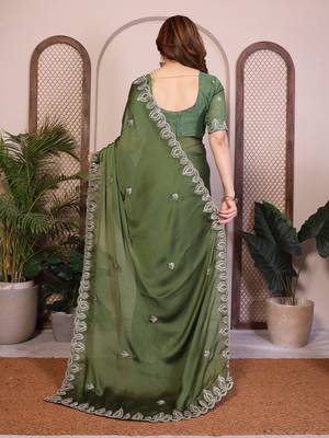 Green color satin chiffon silk embroidery work saree with work blouse piece 3