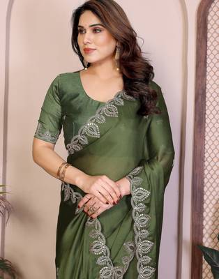 Green color satin chiffon silk embroidery work saree with work blouse piece 4
