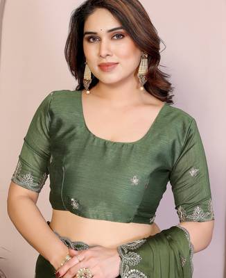 Green color satin chiffon silk embroidery work saree with work blouse piece 5