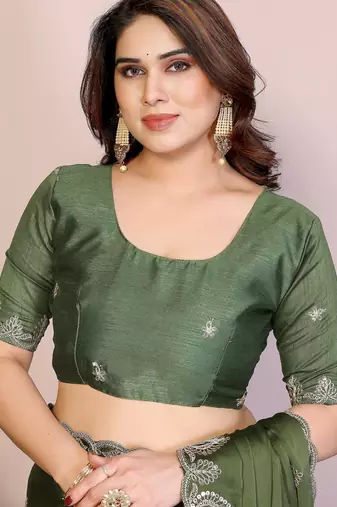 Green color satin chiffon silk embroidery work saree with work blouse piece