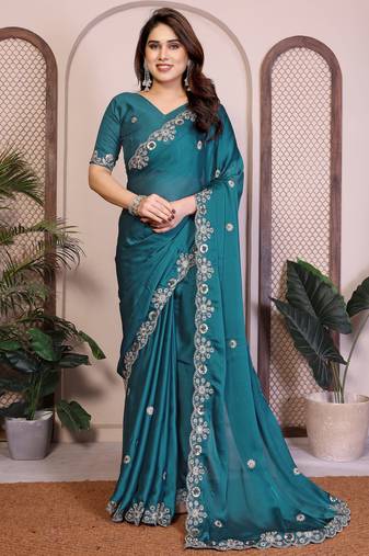 Teal  color satin chiffon silk embroidery work saree with work blouse piece