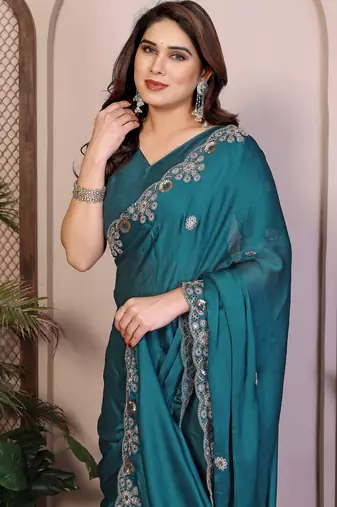 Teal  color satin chiffon silk embroidery work saree with work blouse piece