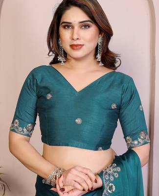 Teal  color satin chiffon silk embroidery work saree with work blouse piece 5