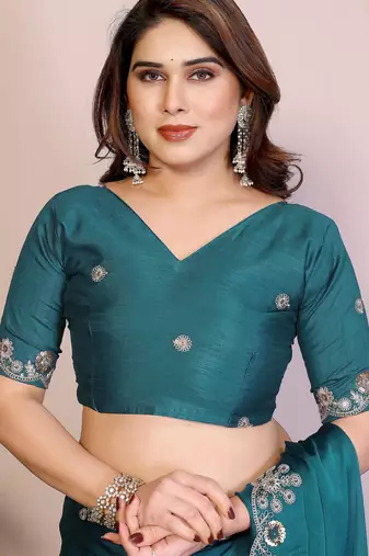 Teal  color satin chiffon silk embroidery work saree with work blouse piece