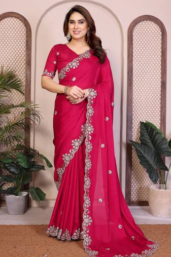 Pink  color satin chiffon silk embroidery work saree with work blouse piece