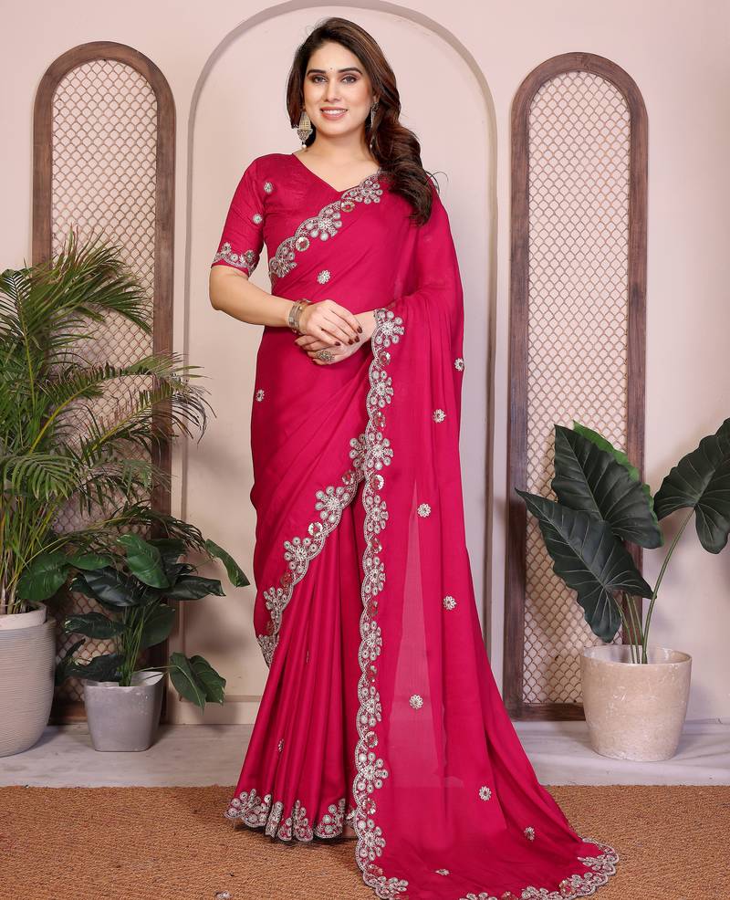 Pink  color satin chiffon silk embroidery work saree with work blouse piece