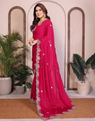 Pink  color satin chiffon silk embroidery work saree with work blouse piece 2