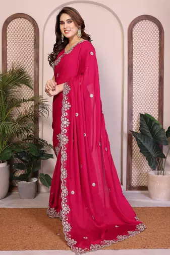 Pink  color satin chiffon silk embroidery work saree with work blouse piece