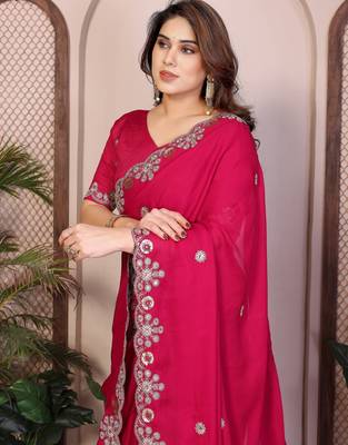 Pink  color satin chiffon silk embroidery work saree with work blouse piece 4