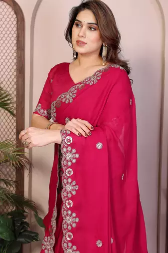 Pink  color satin chiffon silk embroidery work saree with work blouse piece