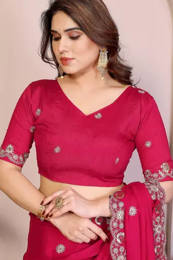Pink  color satin chiffon silk embroidery work saree with work blouse piece