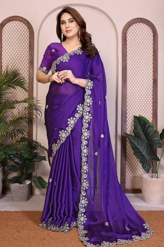 Purple  color satin chiffon silk embroidery work saree with work blouse piece