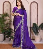 Purple  color satin chiffon silk embroidery work saree with work blouse piece