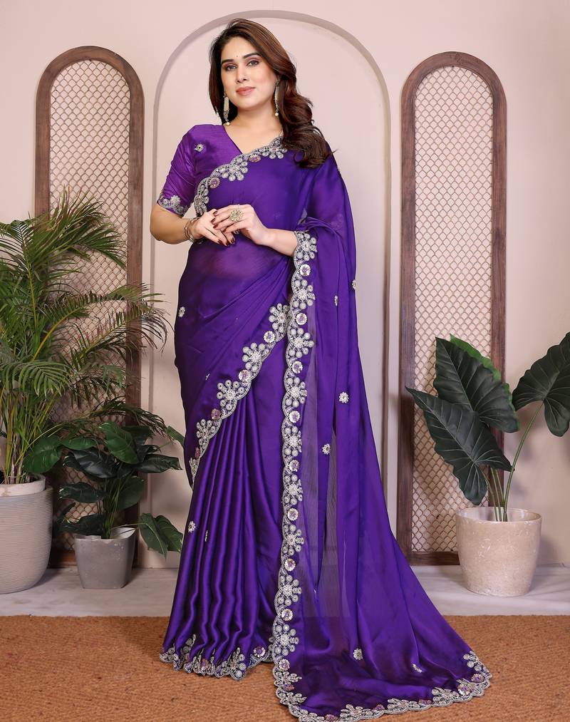 Purple  color satin chiffon silk embroidery work saree with work blouse piece