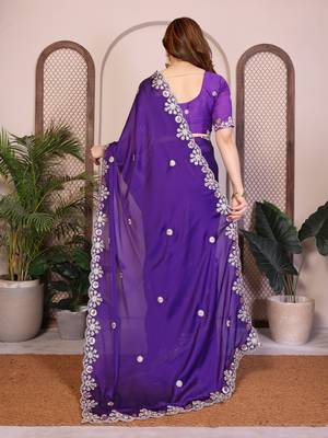Purple  color satin chiffon silk embroidery work saree with work blouse piece 3