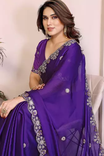 Purple  color satin chiffon silk embroidery work saree with work blouse piece