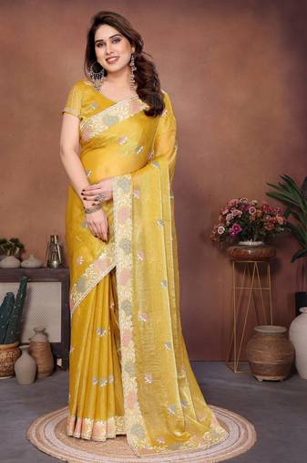 Yellow  color fandy chiffon  silk embroidery work saree with work blouse piece