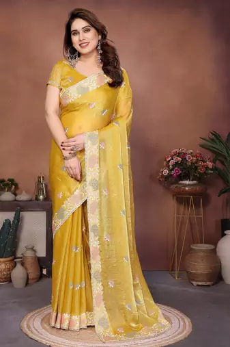 Yellow  color fandy chiffon  silk embroidery work saree with work blouse piece