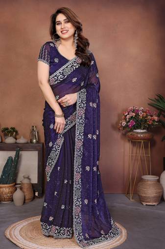 Purple color fandy chiffon  silk embroidery work saree with work blouse piece