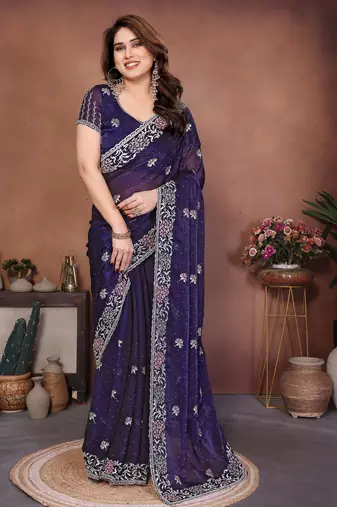 Purple color fandy chiffon  silk embroidery work saree with work blouse piece